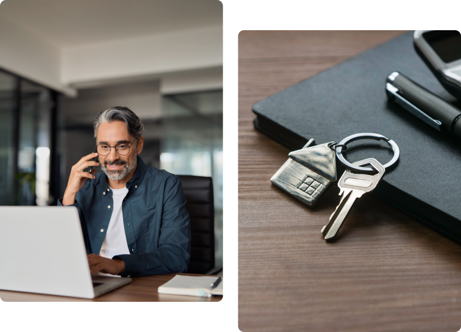 Smiling man using phone and laptop with house keys nearby, managing home insurance