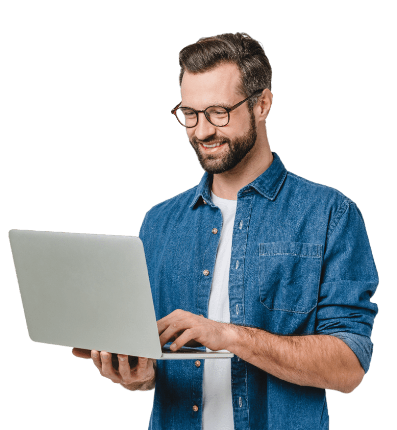 Confident man holding a laptop, reviewing insurance or financial information